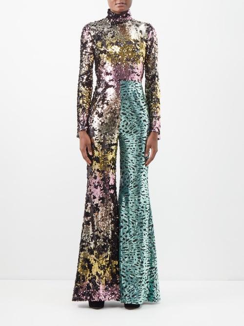 Halpern - High-neck Sequinned Flared-leg Jumpsuit - Womens - Multi