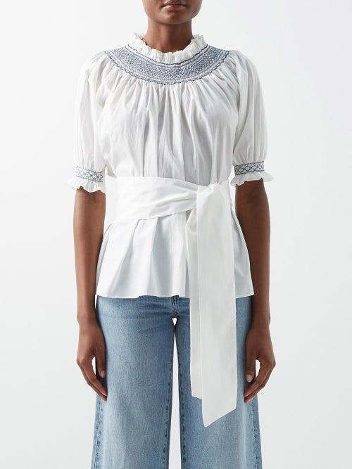 Loretta Caponi - Maria High-neck Hand-embroidered Cotton Blouse - Womens - White Blue