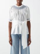 Loretta Caponi - Maria High-neck Hand-embroidered Cotton Blouse - Womens - White Blue