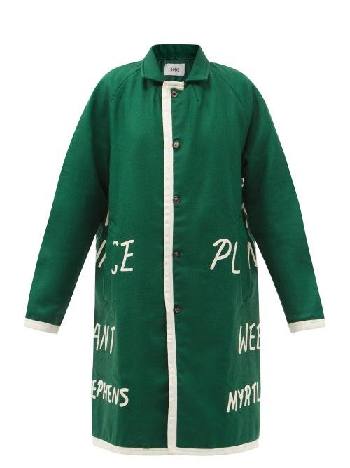 Matchesfashion.com Bode - Garfield Text-appliqu Merino-wool Coat - Womens - Green