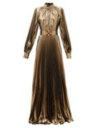 Matchesfashion.com Andrew Gn - Crystal-belt Pleated Silk-blend Pliss Gown - Womens - Gold