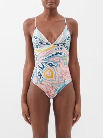 Etro - Abstract-print V-neck Swimsuit - Womens - Blue Multi