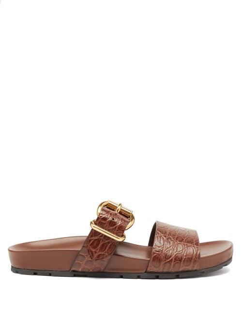 Matchesfashion.com Prada - Buckled Crocodile Effect Leather Slides - Womens - Dark Brown
