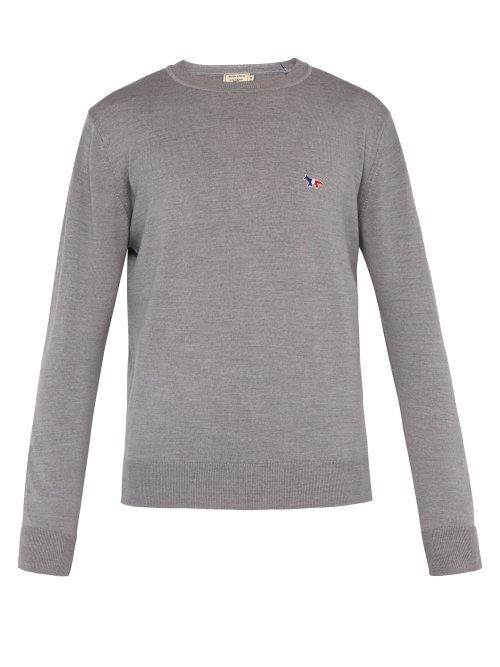 Matchesfashion.com Maison Kitsun - Fox Embroidered Virgin Wool Sweater - Mens - Grey
