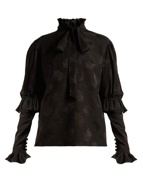 Matchesfashion.com Saint Laurent - Pussy Bow Silk Jacquard Blouse - Womens - Black