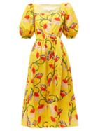 Matchesfashion.com Borgo De Nor - Corin Lip & Floral Print Cotton Poplin Midi Dress - Womens - Yellow Multi