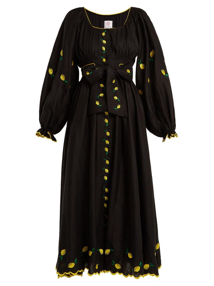 Gül Hürgel Lemon-embroidered Puff-sleeved Linen Dress