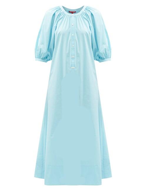 Matchesfashion.com Staud - Vincent Puff-sleeve Cotton-blend Midi Dress - Womens - Blue