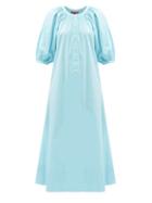 Matchesfashion.com Staud - Vincent Puff-sleeve Cotton-blend Midi Dress - Womens - Blue