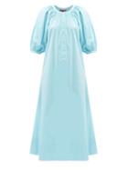 Matchesfashion.com Staud - Vincent Puff-sleeve Cotton-blend Midi Dress - Womens - Blue
