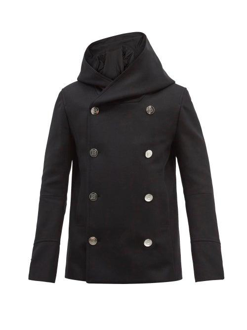 Mens Rtw Balmain - Hooded Wool-blend Felt Pea Coat - Mens - Black