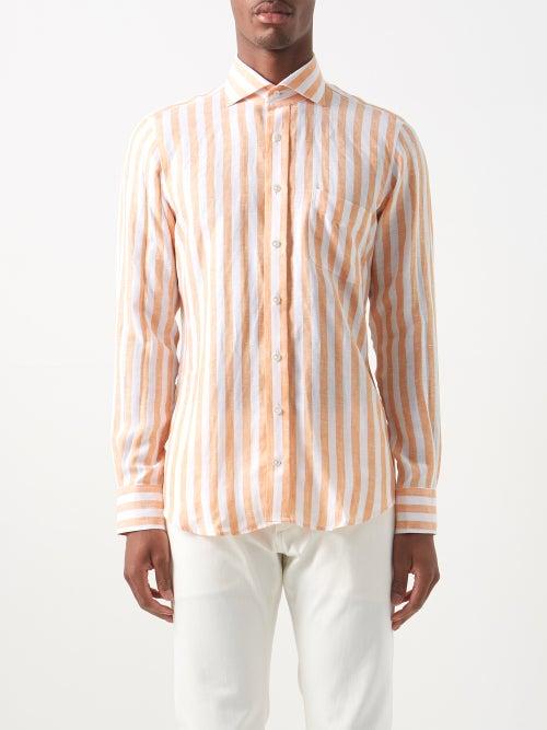 Thom Sweeney - Striped Slubbed Linen-voile Shirt - Mens - Orange White