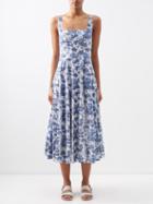 Staud - Wells Palm-print Cotton-blend Poplin Midi Dress - Womens - Blue Multi