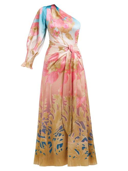 Matchesfashion.com Peter Pilotto - Floral Print One Shoulder Silk Blend Midi Dress - Womens - Pink Multi