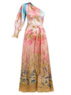 Matchesfashion.com Peter Pilotto - Floral Print One Shoulder Silk Blend Midi Dress - Womens - Pink Multi