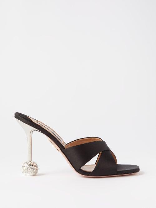 Aquazzura - Yes Darling 95 Crystal-embellished Satin Sandals - Womens - Black Silver