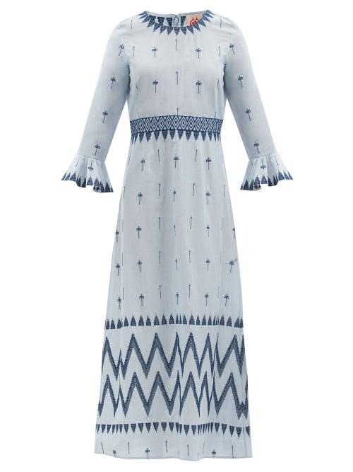 Matchesfashion.com Le Sirenuse, Positano - Tracey Floral-embroidered Cotton Dress - Womens - Light Blue