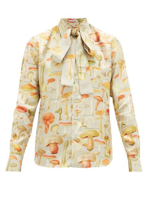 Matchesfashion.com Alister Mackie - Pussy-bow Mushroom-print Silk-satin Shirt - Mens - Silver Multi