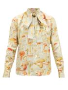 Matchesfashion.com Alister Mackie - Pussy-bow Mushroom-print Silk-satin Shirt - Mens - Silver Multi