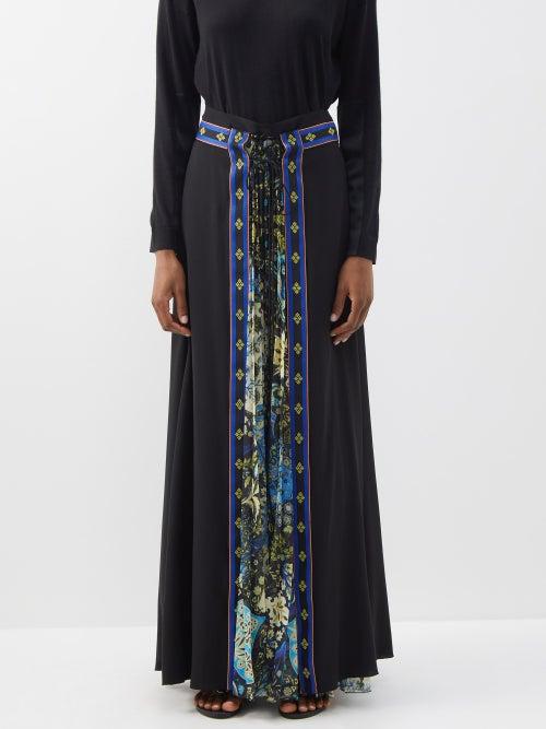Etro - Chinook Floral-print Pleated Silk-inset Maxi Skirt - Womens - Black