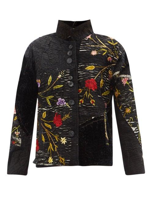 By Walid - Roy Floral-embroidered Silk Jacket - Womens - Black Multi