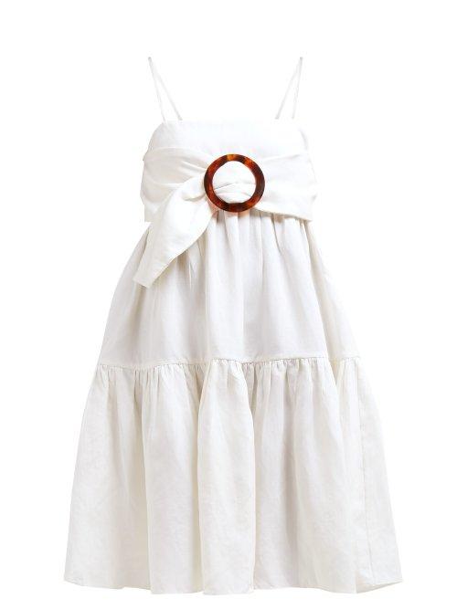 Matchesfashion.com Adriana Degreas - Banded Iinen Blend Poplin Midi Dress - Womens - Ivory