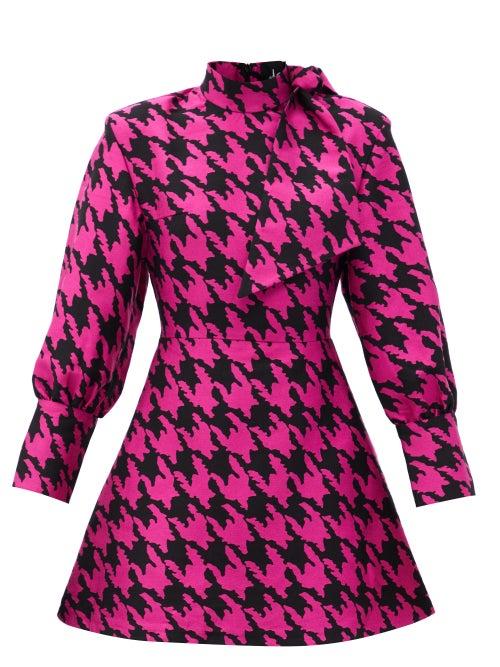 Matchesfashion.com Elzinga - Neck-tie Houndstooth-jacquard Mini Dress - Womens - Black Pink