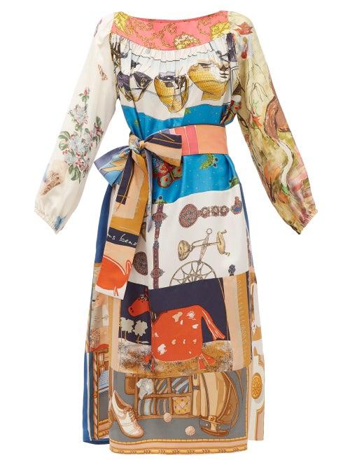 Matchesfashion.com Rianna + Nina - Vintage Tie Waist Patchwork Silk Dress - Womens - Multi