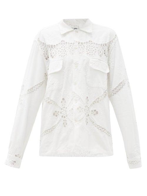 Matchesfashion.com Bode - Floral-embroidered Broderie-anglaise Cotton Shirt - Womens - Beige
