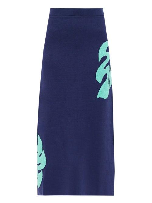 Matchesfashion.com Staud - Reef Hibiscus-jacquard Jersey Midi Skirt - Womens - Navy