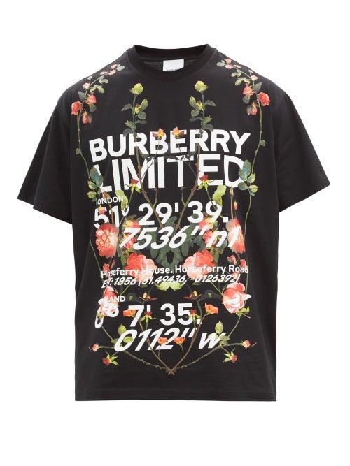 Matchesfashion.com Burberry - Munlow Floral-logo Print Cotton-jersey T-shirt - Mens - Black