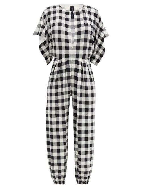 Matchesfashion.com Norma Kamali - Waterfall-sleeve Gingham-jersey Jumpsuit - Womens - Black White