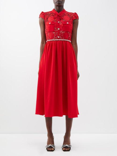 Self-portrait - Crystal-embellished Lace And Crepe Midi Dress - Womens - Red