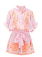 Matchesfashion.com Juliet Dunn - Ruffled High-neck Embroidered-cotton Blouson Dress - Womens - Pink Print