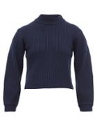 Matchesfashion.com Tibi - Neck Slit Balloon Sleeve Ribbed Wool Sweater - Womens - Navy