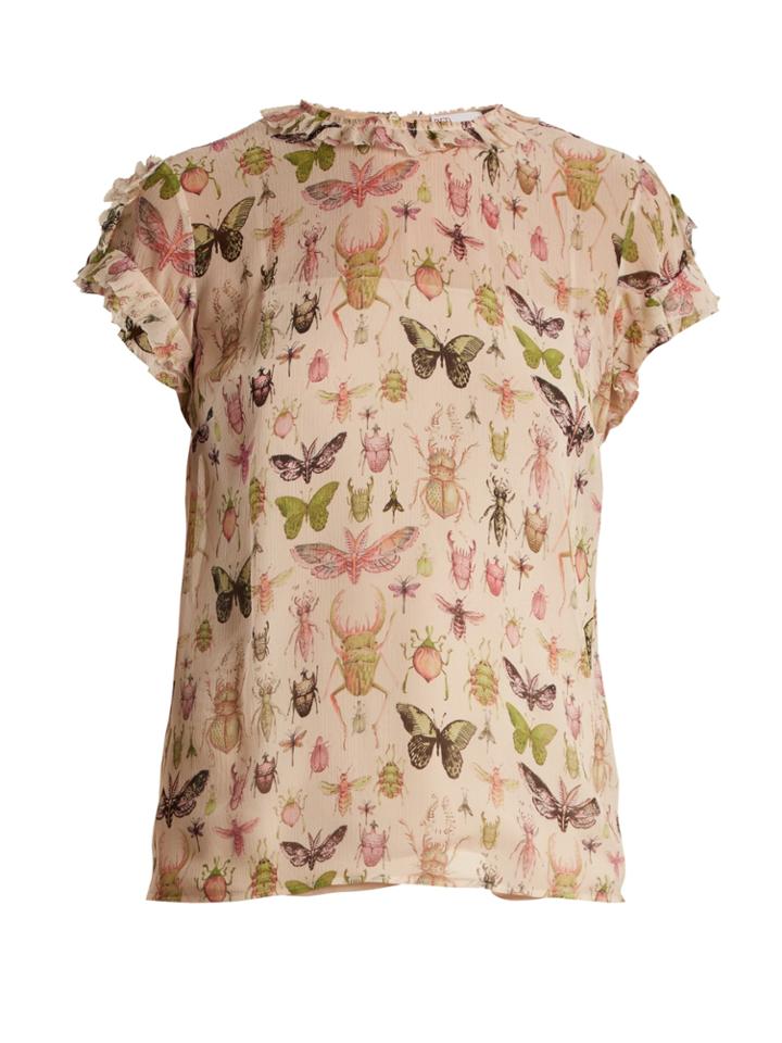 Redvalentino Bug-print Ruffle-trimmed Silk-chiffon Top