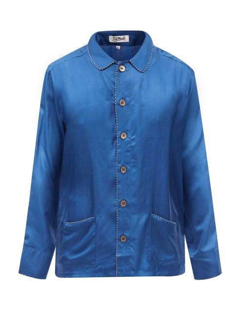 P. Le Moult - Silk-twill Patch Pocket Pyjama Shirt - Mens - Navy