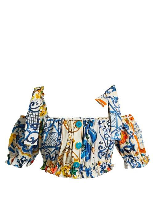 Matchesfashion.com Dolce & Gabbana - Majolica Print Cotton Off The Shoulder Top - Womens - White Print