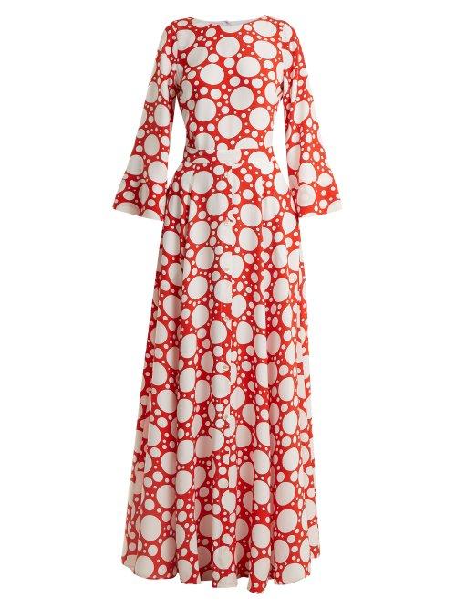 Matchesfashion.com Rebecca De Ravenel - Lola Polka Dot Print Bell Sleeved Dress - Womens - Red Multi