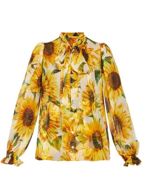 Matchesfashion.com Dolce & Gabbana - Pussy Bow Sunflower Print Chiffon Blouse - Womens - Yellow Multi