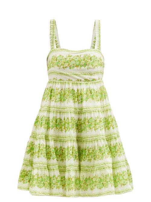 Ale Mais - Jolene Square-neck Floral-print Linen Sun Dress - Womens - Green Print