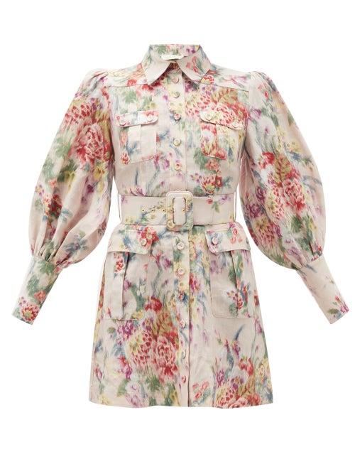 Matchesfashion.com Zimmermann - Wavelength Belted Floral-print Linen Mini Dress - Womens - Pink Print