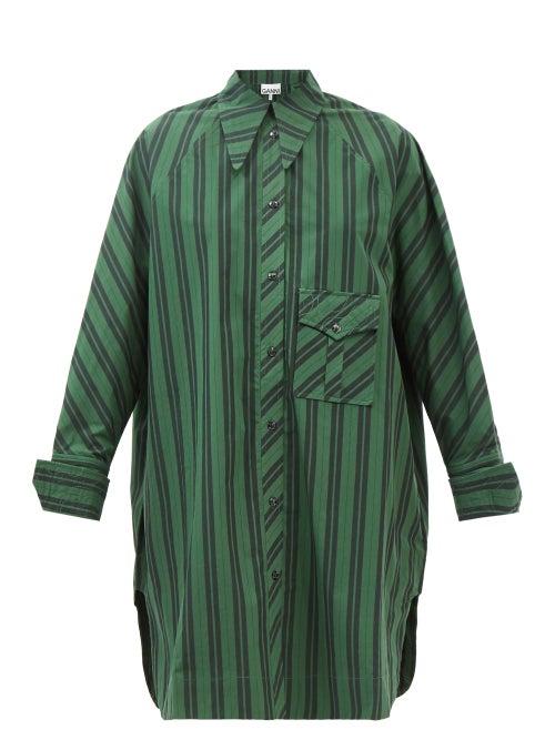 Ganni - Striped Organic-cotton Poplin Shirt Dress - Womens - Green Multi