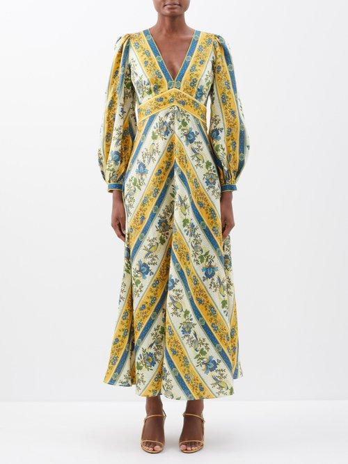Ale Mais - Quinn Floral-print Linen Dress - Womens - Blue Multi