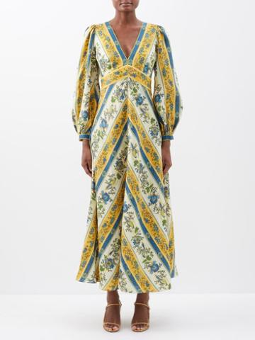 Ale Mais - Quinn Floral-print Linen Dress - Womens - Blue Multi