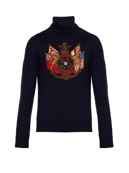 Matchesfashion.com Ralph Lauren Purple Label - Insignia Appliqu Cashmere Roll Neck Sweater - Mens - Navy