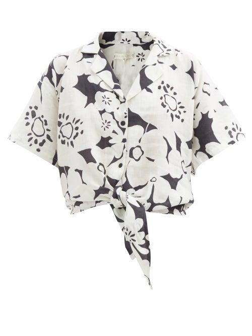 Matchesfashion.com Cala De La Cruz - Marcy Floral-print Tie-front Cropped Linen Shirt - Womens - Black White