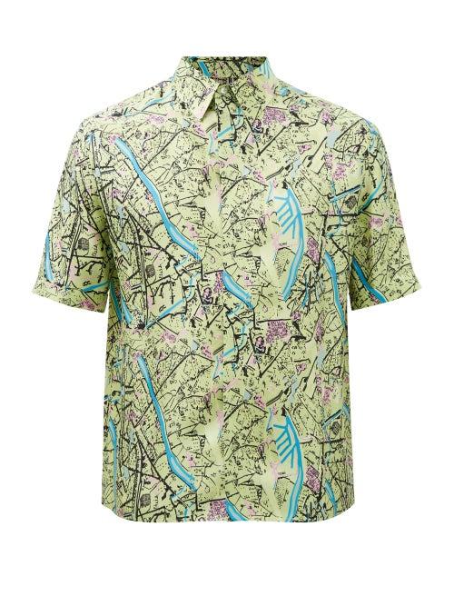 Fendi - Map-print Silk-twill Shirt - Mens - Green Multi