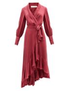 Matchesfashion.com Zimmermann - Gathered-cuff Silk-satin Midi Wrap Dress - Womens - Burgundy