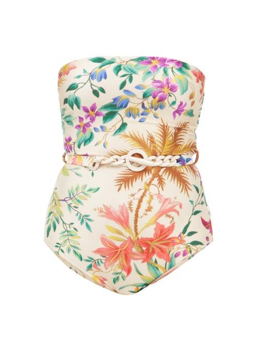Zimmermann - Tropicana Strapless Chain-belt Swimsuit - Womens - Cream Print